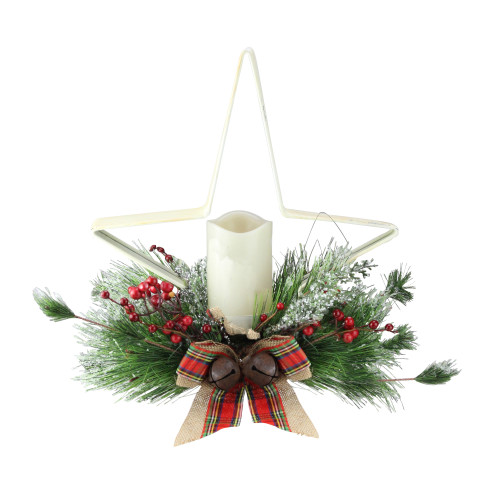15" Battery Operated White and Green Christmas Star Candle Holder - IMAGE 1