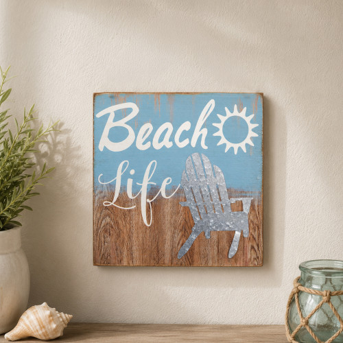 Beach Life Chair in the Sun Coastal Wall Sign - 7.75" x 7.75" - Blue and White - IMAGE 1