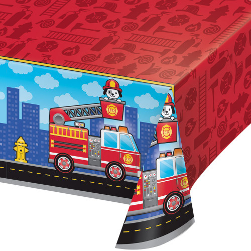 Pack of 6 Red and Blue Flaming Fire Truck Printed Tablecovers 102" - IMAGE 1