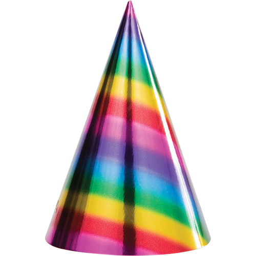 Club Pack of 96 Multi-Colored Rainbow Foil Birthday Party Cone Hats 8" - IMAGE 1