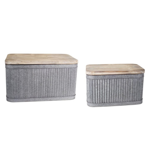 Set of 2 Gray and Brown Rugged Tubs With Wood Tops 23.5” - IMAGE 1