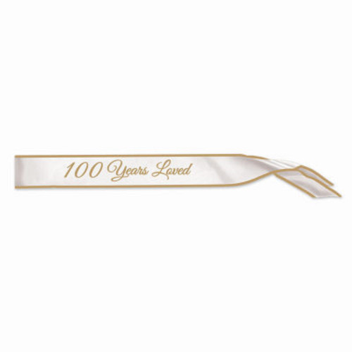 Pack of 6 White and Gold "Age 100 Years Loved" Birthday Sashes 33" - IMAGE 1