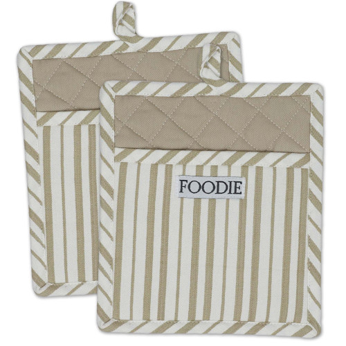 Set of 2 Beige and White Striped Pattern "Foodie" Potholders 9" - IMAGE 1