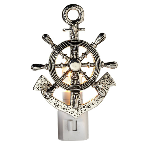 Set of 4 Silver Zinc Ship Wheel and Anchor Night Light 5.5” - IMAGE 1