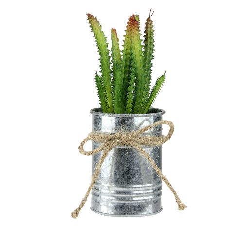 7" Green Mini Artificial Spiky Greenery in Tin Planter with Twine Bow - IMAGE 1