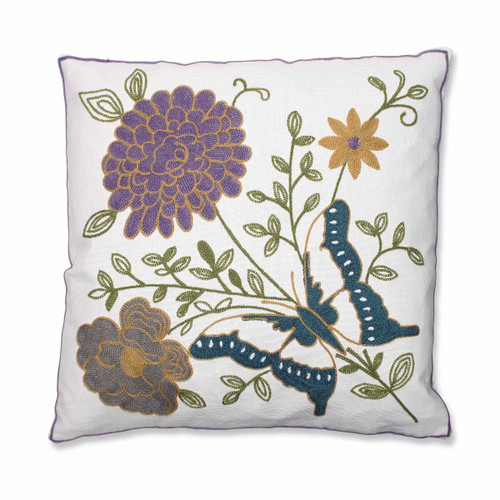 18" Embroidered Butterfly and Flowers Square Throw Pillow - IMAGE 1