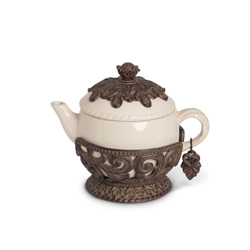 9.5" Cream and Bronze 32 Oz. Teapot with Acanthus Leaf Metal Base - IMAGE 1