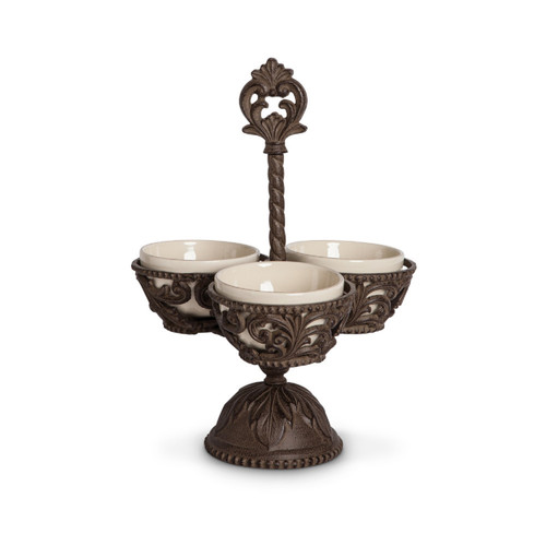 15" Bronze and Cream Round Condiments Server with Acanthus Leaf Metal Base - IMAGE 1