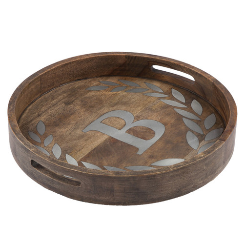 20" Brown and Silver Wooden with Letter "B" Design Round Tray - IMAGE 1