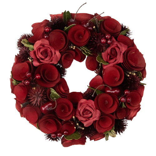 Red Wooden Roses and Berries Artificial Wreath - 9.5" - Unlit - Red and Green - IMAGE 1