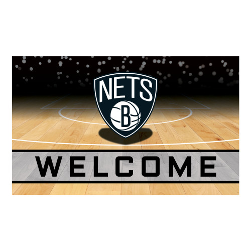 Black and White NBA Brooklyn Nets "Welcome" Rectangular Outdoor Door Mat 18" x 30" - IMAGE 1