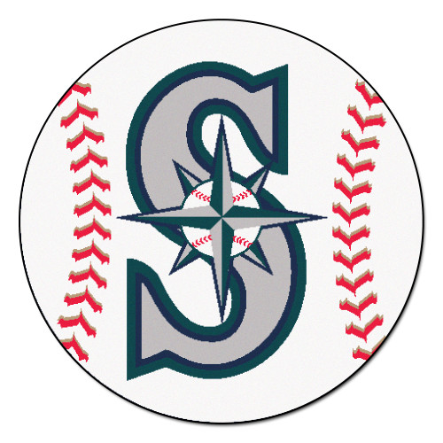 White and Blue MLB Seattle Mariners Round Baseball Welcome Door Mat 27" - IMAGE 1