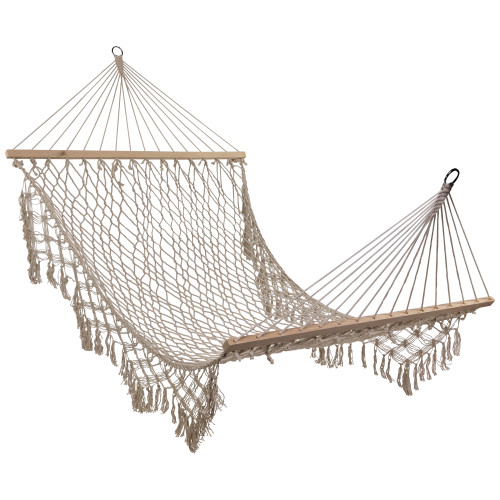 Lattice Macrame Rope Hammock with Wooden Bars - 74" x 59" - Cream - IMAGE 1