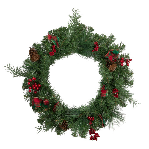 Pine Cones and Berries Artificial Christmas Wreath with Ribbon - 24" - Unlit - IMAGE 1
