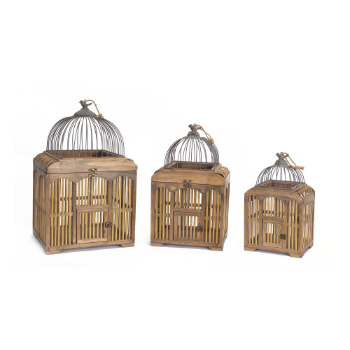 Set of 3 Brown Wooden Decorative Birdcages 25.25" - IMAGE 1