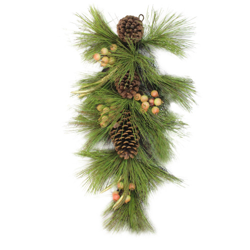 30" Pine Needles with Pinecones and Golden Antlers Artificial Christmas Teardrop Swag - Unlit - IMAGE 1