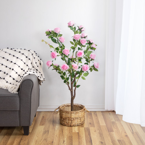 Potted Artificial Rose Bush in Bloom - 44" - Pink - IMAGE 1