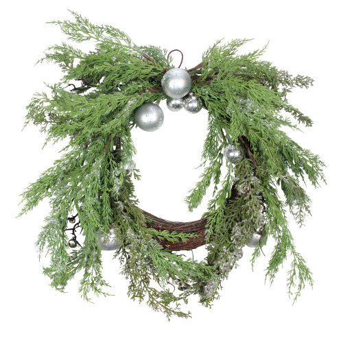 Iced Cedar Ornaments and Bells Artificial Christmas Wreath - 24-Inch, Unlit - IMAGE 1