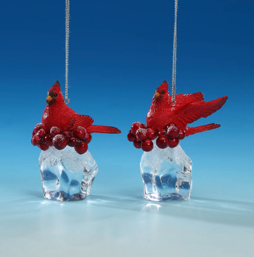 Pack of 4 Clear and Red Cardinal Ice Cube Christmas Ornaments 3" - IMAGE 1