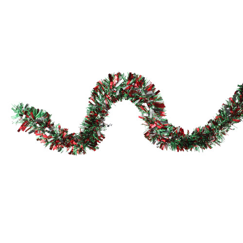 Wide Cut Christmas Tinsel Garland - 12' x 4" - Green, Silver and Red - Unlit - IMAGE 1