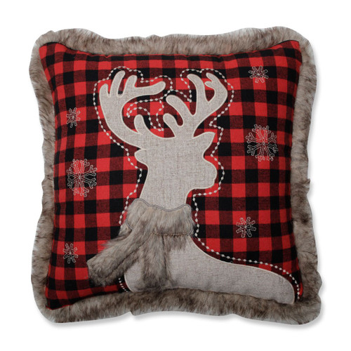 18" Red and Black Buffalo Plaid Reindeer Square Throw Pillow - IMAGE 1