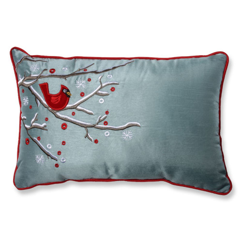 17" Blue and Red Bird on a Snowy Branch Rectangular Throw Pillow - IMAGE 1