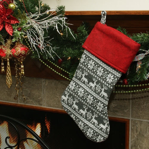 Snowflakes and Reindeer Knit Christmas Stocking - Gray/Red - 19" - IMAGE 1