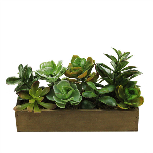 11.5" Artificial Mixed Succulent Plants in a Wooden Planter Box - IMAGE 1