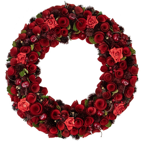 20" Red Wooden Rose and Berry Artificial Christmas Wreath - Unlit - IMAGE 1