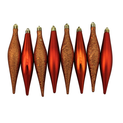 Shatterproof 4-Finish Christmas Finial Drop Ornaments - 6" (152mm) - Burnt Orange - 8ct - IMAGE 1