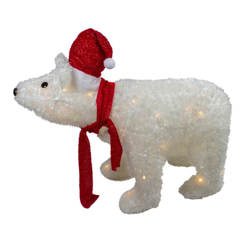 26" Lighted Tinsel Polar Bear Wearing Santa Hat Christmas Yard Art Decoration - IMAGE 1