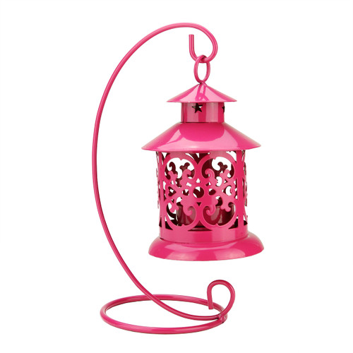 8.75" Shiny Pink Votive or Tealight Candle Holder Mini Lantern with Hanger - IMAGE 1