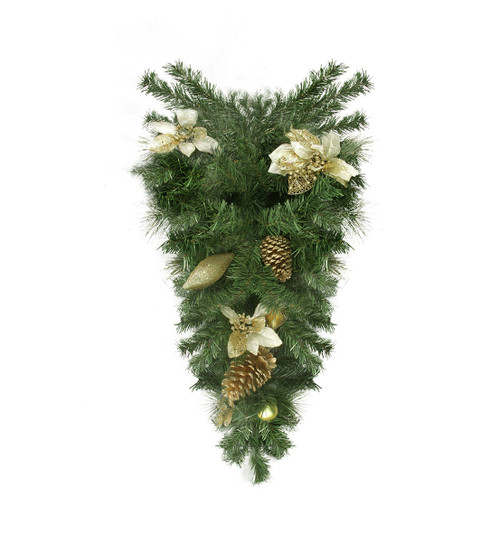 30" Pre-Decorated Gold Poinsettia, Pine Cone and Pear Artificial Christmas Teardrop Swag - Unlit - IMAGE 1