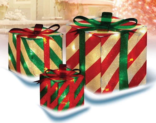 3-Piece Glistening Striped Gift Box Lighted Christmas Outdoor Decoration - IMAGE 1