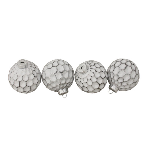 4ct White and Silver Honeycomb Matte Glass Christmas Ball Ornaments 3.25" (83mm) - IMAGE 1