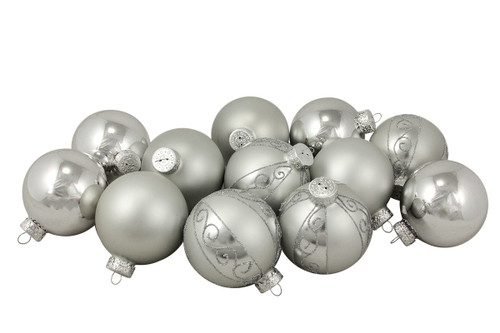 12ct Matte and Shiny Silver Glass Ball Christmas Ornaments 2.5" (65mm) - IMAGE 1