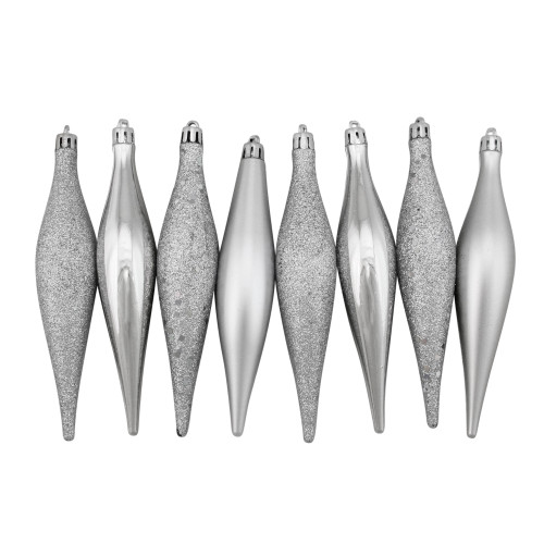 8ct Silver Shatterproof 4-Finish Christmas Finial Drop Ornaments 6" (152.4mm) - IMAGE 1