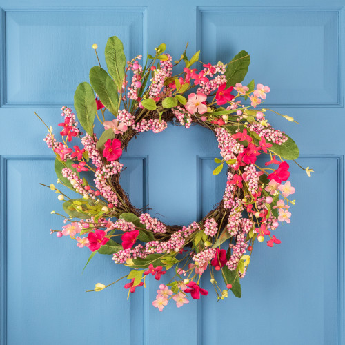 Geranium and Berry Artificial Spring Floral Wreath, Pink - 18-Inch - IMAGE 1