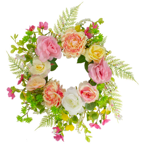 Rose and Peony Artificial Floral Spring Wreath, Pink and Yellow - 22-Inch - IMAGE 1