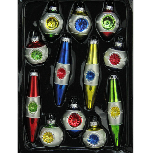 12-Piece Multi-Color Mini Glass Ball, Onion and Finial Retro Reflector Christmas Ornament Set - IMAGE 1