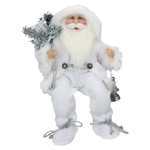 16" White Frost Sitting Santa Claus Christmas Figure with Lantern - IMAGE 1