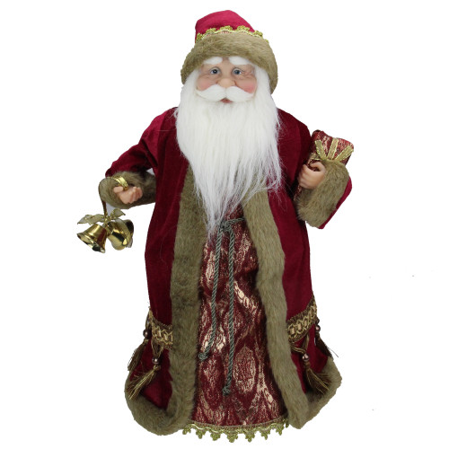 18" Gold and Burgundy Red Santa Claus Holding a Gift Box Tree Topper - Unlit - IMAGE 1