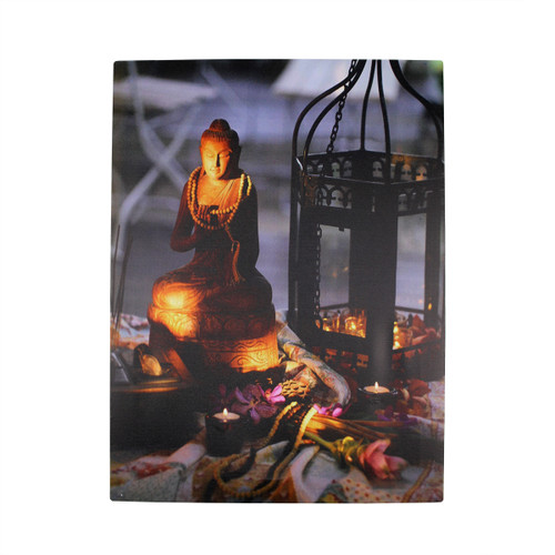 15.75" LED Flickering Candles in a Metal Lantern with Buddha Wall Art - IMAGE 1