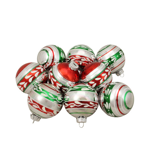 9ct Shiny Silver with Red and Green Glitter Striped Vintage Christmas Ornaments 2.75 (55 mm) - IMAGE 1