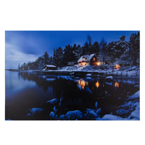 23.75" LED Lighted Rustic Lodge Cabin on the Lake Canvas Wall Art - IMAGE 1