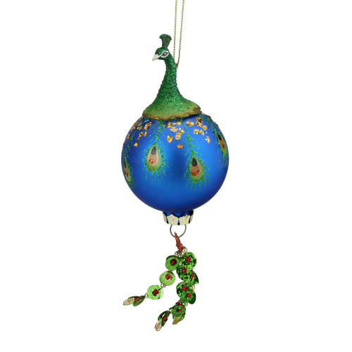 8.5" Green and Royal Blue Peacock Bird Glass Ball with Dangle Christmas Ornament - IMAGE 1