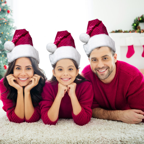 Unisex Adult Sequined Christmas Santa Hat with Faux Fur Cuff  - One Size - Pink and White - IMAGE 1