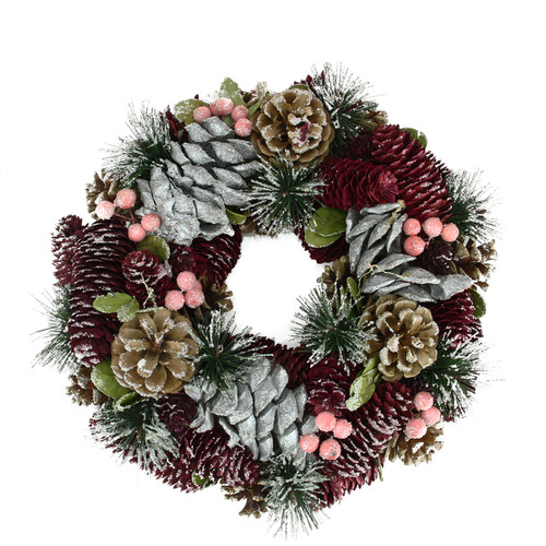 13.5" Red, Silver and Pink Glittered Pine Cone Artificial Christmas Wreath - Unlit - IMAGE 1