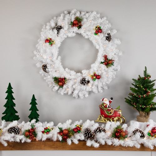 Pre-Lit LED White Canadian Pine Artificial Christmas Wreath, 30-Inch, Clear Lights - IMAGE 1