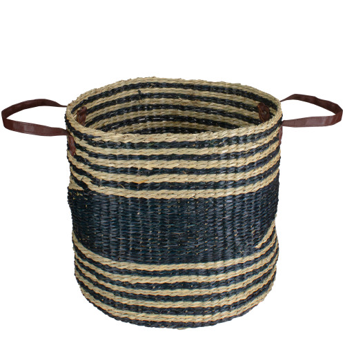 Woven Seagrass Basket with Handles - 15" - Beige and Black - IMAGE 1